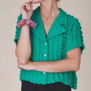 Y2K Versona Top Women's Medium Kelly Green Button Bubble Blouse Dopamine Retro